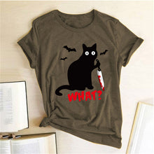 Load image into Gallery viewer, Black Cat What Tshirt Murderous Cat Knife Women Funny T Shirt Short Sleeve Halloween Tops Tees Femme Camisetas Verano Mujer 2019
