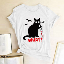 Load image into Gallery viewer, Black Cat What Tshirt Murderous Cat Knife Women Funny T Shirt Short Sleeve Halloween Tops Tees Femme Camisetas Verano Mujer 2019
