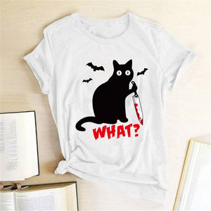 Black Cat What Tshirt Murderous Cat Knife Women Funny T Shirt Short Sleeve Halloween Tops Tees Femme Camisetas Verano Mujer 2019