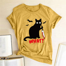 Load image into Gallery viewer, Black Cat What Tshirt Murderous Cat Knife Women Funny T Shirt Short Sleeve Halloween Tops Tees Femme Camisetas Verano Mujer 2019
