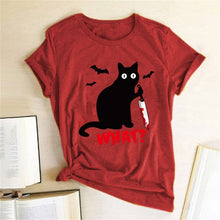 Load image into Gallery viewer, Black Cat What Tshirt Murderous Cat Knife Women Funny T Shirt Short Sleeve Halloween Tops Tees Femme Camisetas Verano Mujer 2019
