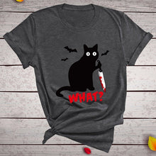 Load image into Gallery viewer, Black Cat What Tshirt Murderous Cat Knife Women Funny T Shirt Short Sleeve Halloween Tops Tees Femme Camisetas Verano Mujer 2019
