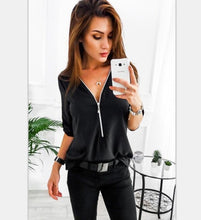 Load image into Gallery viewer, European new fashion women V-neck zipper t shirt girl casual pink red five-point sleeve shirts ladies summer large size tops
