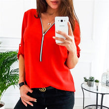 Load image into Gallery viewer, European new fashion women V-neck zipper t shirt girl casual pink red five-point sleeve shirts ladies summer large size tops
