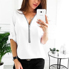 Load image into Gallery viewer, European new fashion women V-neck zipper t shirt girl casual pink red five-point sleeve shirts ladies summer large size tops
