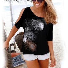 Load image into Gallery viewer, Women Summer 2020 Tshirt Casual Short Sleeve Tops Tees Sexy Off Shoulder Feather Print T-Shirt O-neck Loose Plus Size 5XL Shirts
