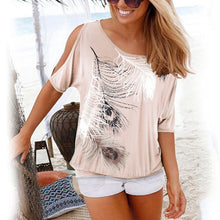Load image into Gallery viewer, Women Summer 2020 Tshirt Casual Short Sleeve Tops Tees Sexy Off Shoulder Feather Print T-Shirt O-neck Loose Plus Size 5XL Shirts
