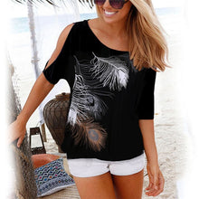 Load image into Gallery viewer, Women Summer 2020 Tshirt Casual Short Sleeve Tops Tees Sexy Off Shoulder Feather Print T-Shirt O-neck Loose Plus Size 5XL Shirts
