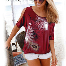 Load image into Gallery viewer, Women Summer 2020 Tshirt Casual Short Sleeve Tops Tees Sexy Off Shoulder Feather Print T-Shirt O-neck Loose Plus Size 5XL Shirts
