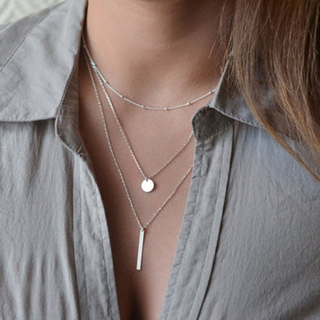 FSUNION 2020 New Fashion European Simple Gold Silver Plated Women Jewelry Collar Multi Layers Bar Coin Necklace Clavicle Chains