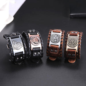Teamer Viking Bracelet for Men Women Wide Leather Bangle Compass Vegvisir Tree of Life Wolf Fox Wristband Amulet Wicca Jewelry