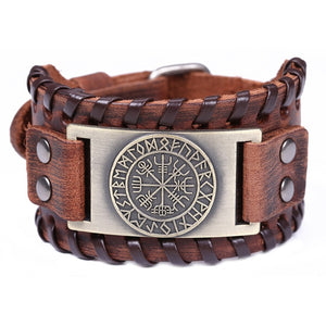Teamer Viking Bracelet for Men Women Wide Leather Bangle Compass Vegvisir Tree of Life Wolf Fox Wristband Amulet Wicca Jewelry