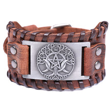 Load image into Gallery viewer, Teamer Viking Bracelet for Men Women Wide Leather Bangle Compass Vegvisir Tree of Life Wolf Fox Wristband Amulet Wicca Jewelry

