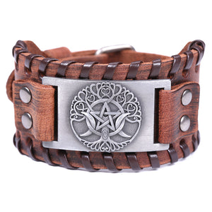Teamer Viking Bracelet for Men Women Wide Leather Bangle Compass Vegvisir Tree of Life Wolf Fox Wristband Amulet Wicca Jewelry