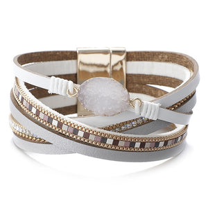Amorcome Stone Charm Leather Bracelets For Women 2020 Fashion Crystal Ladies Boho Multilayer Wide Wrap Bracelet Female Jewelry