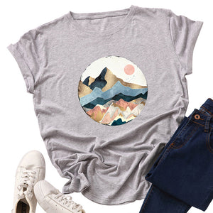 Plus Size Women's Tops T Shirt Creative Golden Mountain Peak Women T-shirt Graphic Funny Print Cotton Tshirt Summer Top Tees