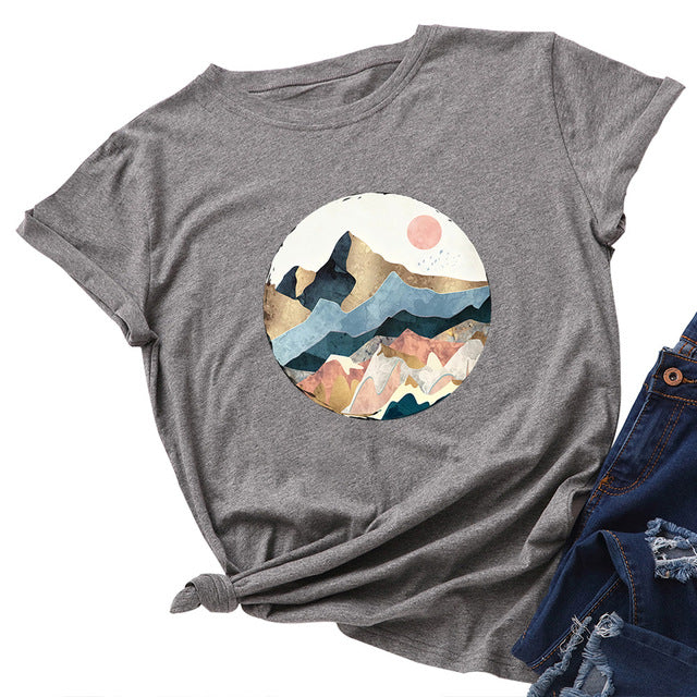 Plus Size Women's Tops T Shirt Creative Golden Mountain Peak Women T-shirt Graphic Funny Print Cotton Tshirt Summer Top Tees