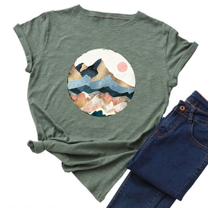 Plus Size Women's Tops T Shirt Creative Golden Mountain Peak Women T-shirt Graphic Funny Print Cotton Tshirt Summer Top Tees