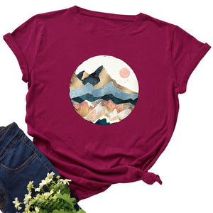 Plus Size Women's Tops T Shirt Creative Golden Mountain Peak Women T-shirt Graphic Funny Print Cotton Tshirt Summer Top Tees