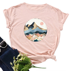 Plus Size Women's Tops T Shirt Creative Golden Mountain Peak Women T-shirt Graphic Funny Print Cotton Tshirt Summer Top Tees