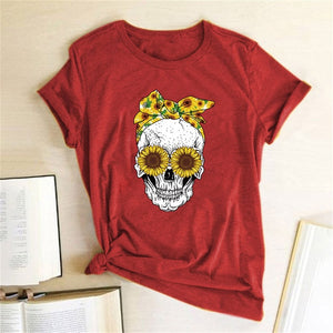 Hillbilly Funny Skull Punk T Shirt Women Fashion Casual Short Sleeve Sun Flowers Tshirts Chemise Femme Tops Mujer Verano 2019