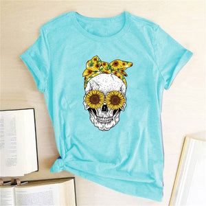 Hillbilly Funny Skull Punk T Shirt Women Fashion Casual Short Sleeve Sun Flowers Tshirts Chemise Femme Tops Mujer Verano 2019