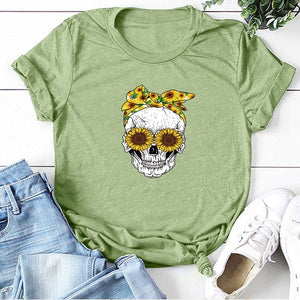 Hillbilly Funny Skull Punk T Shirt Women Fashion Casual Short Sleeve Sun Flowers Tshirts Chemise Femme Tops Mujer Verano 2019