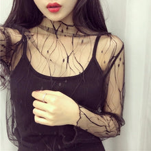 Load image into Gallery viewer, CHICEVER Mesh Lace Sexy T Shirt Womens Stand Collar Hollow Out Basic Transparent Pullover T Shirts Tops 2020 Spring Fashion
