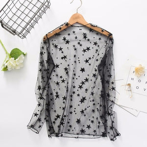 CHICEVER Mesh Lace Sexy T Shirt Womens Stand Collar Hollow Out Basic Transparent Pullover T Shirts Tops 2020 Spring Fashion