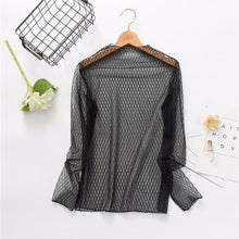 Load image into Gallery viewer, CHICEVER Mesh Lace Sexy T Shirt Womens Stand Collar Hollow Out Basic Transparent Pullover T Shirts Tops 2020 Spring Fashion
