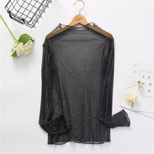 CHICEVER Mesh Lace Sexy T Shirt Womens Stand Collar Hollow Out Basic Transparent Pullover T Shirts Tops 2020 Spring Fashion