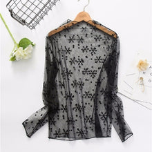 Load image into Gallery viewer, CHICEVER Mesh Lace Sexy T Shirt Womens Stand Collar Hollow Out Basic Transparent Pullover T Shirts Tops 2020 Spring Fashion
