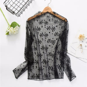 CHICEVER Mesh Lace Sexy T Shirt Womens Stand Collar Hollow Out Basic Transparent Pullover T Shirts Tops 2020 Spring Fashion