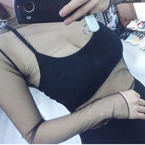 CHICEVER Mesh Lace Sexy T Shirt Womens Stand Collar Hollow Out Basic Transparent Pullover T Shirts Tops 2020 Spring Fashion