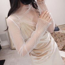 Load image into Gallery viewer, CHICEVER Mesh Lace Sexy T Shirt Womens Stand Collar Hollow Out Basic Transparent Pullover T Shirts Tops 2020 Spring Fashion
