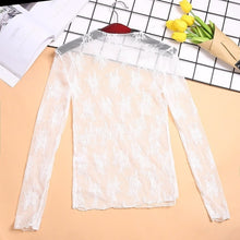 Load image into Gallery viewer, CHICEVER Mesh Lace Sexy T Shirt Womens Stand Collar Hollow Out Basic Transparent Pullover T Shirts Tops 2020 Spring Fashion
