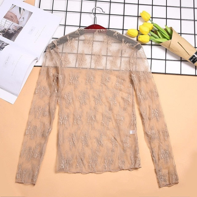 CHICEVER Mesh Lace Sexy T Shirt Womens Stand Collar Hollow Out Basic Transparent Pullover T Shirts Tops 2020 Spring Fashion