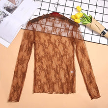 Load image into Gallery viewer, CHICEVER Mesh Lace Sexy T Shirt Womens Stand Collar Hollow Out Basic Transparent Pullover T Shirts Tops 2020 Spring Fashion
