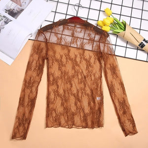 CHICEVER Mesh Lace Sexy T Shirt Womens Stand Collar Hollow Out Basic Transparent Pullover T Shirts Tops 2020 Spring Fashion