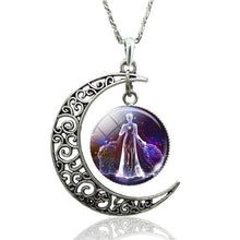 Load image into Gallery viewer, 12 Constellation Necklace Zodiac Signs Cabochon Glass Crescent Moon Pendant Clavicle chain Necklace Birthday Gifts for Women
