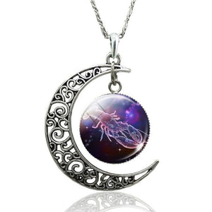 12 Constellation Necklace Zodiac Signs Cabochon Glass Crescent Moon Pendant Clavicle chain Necklace Birthday Gifts for Women