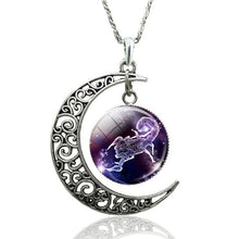Load image into Gallery viewer, 12 Constellation Necklace Zodiac Signs Cabochon Glass Crescent Moon Pendant Clavicle chain Necklace Birthday Gifts for Women
