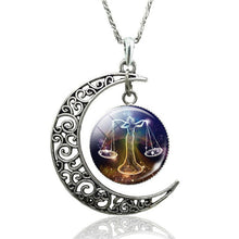 Load image into Gallery viewer, 12 Constellation Necklace Zodiac Signs Cabochon Glass Crescent Moon Pendant Clavicle chain Necklace Birthday Gifts for Women
