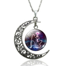 Load image into Gallery viewer, 12 Constellation Necklace Zodiac Signs Cabochon Glass Crescent Moon Pendant Clavicle chain Necklace Birthday Gifts for Women

