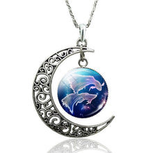 Load image into Gallery viewer, 12 Constellation Necklace Zodiac Signs Cabochon Glass Crescent Moon Pendant Clavicle chain Necklace Birthday Gifts for Women
