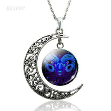 Load image into Gallery viewer, 12 Constellation Necklace Zodiac Signs Cabochon Glass Crescent Moon Pendant Clavicle chain Necklace Birthday Gifts for Women
