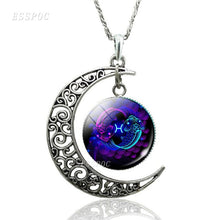 Load image into Gallery viewer, 12 Constellation Necklace Zodiac Signs Cabochon Glass Crescent Moon Pendant Clavicle chain Necklace Birthday Gifts for Women
