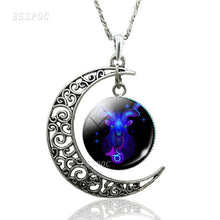Load image into Gallery viewer, 12 Constellation Necklace Zodiac Signs Cabochon Glass Crescent Moon Pendant Clavicle chain Necklace Birthday Gifts for Women
