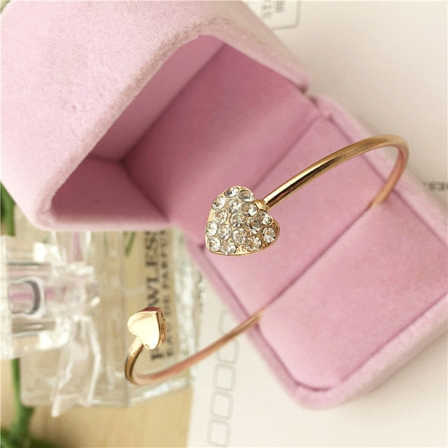 2019 quente nova moda ajustável cristal duplo coração arco bilezik manguito abertura pulseira para mulheres jóias presente mujer pulseras 7g