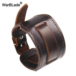 WarBLade New Fashion Men Wide Genuine Leather Bracelet Brown Wide Cuff Bracelets & Bangles Vintage Punk Wristband Men Jewelry